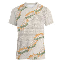 Aloha Pakalana and Puakenikeni Lei Women V-Neck T-Shirt Beige Hawaiian Pattern LT9 Female Beige - Polynesian Pride