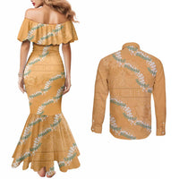 Aloha Pakalana and Puakenikeni Lei Couples Matching Mermaid Dress and Long Sleeve Button Shirt Gold Hawaiian Pattern LT9 - Polynesian Pride
