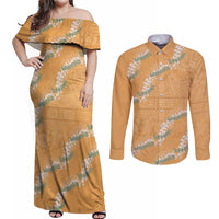 Aloha Pakalana and Puakenikeni Lei Couples Matching Off Shoulder Maxi Dress and Long Sleeve Button Shirt Gold Hawaiian Pattern LT9 Gold - Polynesian Pride