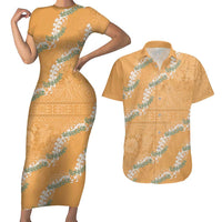 Aloha Pakalana and Puakenikeni Lei Couples Matching Short Sleeve Bodycon Dress and Hawaiian Shirt Gold Hawaiian Pattern LT9 Gold - Polynesian Pride