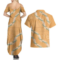 Aloha Pakalana and Puakenikeni Lei Couples Matching Summer Maxi Dress and Hawaiian Shirt Gold Hawaiian Pattern LT9 - Polynesian Pride