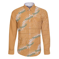 Aloha Pakalana and Puakenikeni Lei Family Matching Off The Shoulder Long Sleeve Dress and Hawaiian Shirt Gold Hawaiian Pattern LT9 Dad's Shirt - Long Sleeve Gold - Polynesian Pride