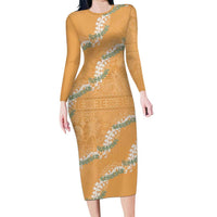 Aloha Pakalana and Puakenikeni Lei Long Sleeve Bodycon Dress Gold Hawaiian Pattern LT9 Long Dress Gold - Polynesian Pride