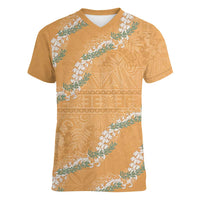Aloha Pakalana and Puakenikeni Lei Women V-Neck T-Shirt Gold Hawaiian Pattern LT9 Female Gold - Polynesian Pride