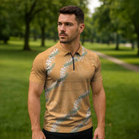 Aloha Pakalana and Puakenikeni Lei Zipper Polo Shirt Gold Hawaiian Pattern LT9 - Polynesian Pride