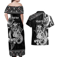 Personalised New Zealand Potae Pango Cricket Couples Matching Off Shoulder Maxi Dress and Hawaiian Shirt Special Maori Hei Tiki Tribal Tattoo LT9 - Polynesian Pride