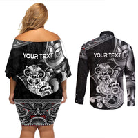 Personalised New Zealand Potae Pango Cricket Couples Matching Off Shoulder Short Dress and Long Sleeve Button Shirt Special Maori Hei Tiki Tribal Tattoo LT9 - Polynesian Pride