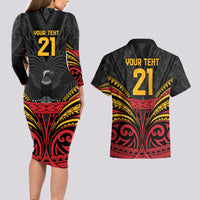 Custom Papua New Guinea Cricket Couples Matching Long Sleeve Bodycon Dress and Hawaiian Shirt PNG Emblem Mix Polyneisan Pattern LT9 - Polynesian Pride