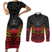 Custom Papua New Guinea Cricket Couples Matching Short Sleeve Bodycon Dress and Long Sleeve Button Shirt PNG Emblem Mix Polyneisan Pattern LT9 Black - Polynesian Pride