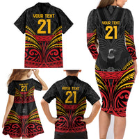 Custom Papua New Guinea Cricket Family Matching Long Sleeve Bodycon Dress and Hawaiian Shirt PNG Emblem Mix Polyneisan Pattern LT9 - Polynesian Pride