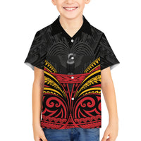 Custom Papua New Guinea Cricket Family Matching Off The Shoulder Long Sleeve Dress and Hawaiian Shirt PNG Emblem Mix Polyneisan Pattern LT9 Son's Shirt Black - Polynesian Pride
