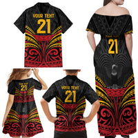 Custom Papua New Guinea Cricket Family Matching Off Shoulder Maxi Dress and Hawaiian Shirt PNG Emblem Mix Polyneisan Pattern LT9 - Polynesian Pride
