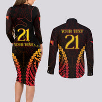 Custom Papua New Guinea Cricket Couples Matching Long Sleeve Bodycon Dress and Long Sleeve Button Shirt Go Barramundis LT9 - Polynesian Pride
