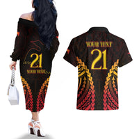 Custom Papua New Guinea Cricket Couples Matching Off The Shoulder Long Sleeve Dress and Hawaiian Shirt Go Barramundis LT9 - Polynesian Pride
