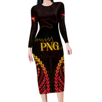 Custom Papua New Guinea Cricket Family Matching Long Sleeve Bodycon Dress and Hawaiian Shirt Go Barramundis LT9 Mom's Dress Black - Polynesian Pride