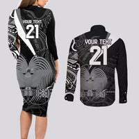 Custom Papua New Guinea Cricket Couples Matching Long Sleeve Bodycon Dress and Long Sleeve Button Shirt Tribal Bird of Paradise Tattoo LT9 - Polynesian Pride
