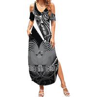 Custom Papua New Guinea Cricket Family Matching Summer Maxi Dress and Hawaiian Shirt Tribal Bird of Paradise Tattoo LT9 Mom's Dress Black - Polynesian Pride