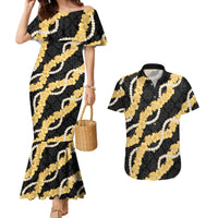 Aloha Melemele Hibiscus Pikake Lei Couples Matching Mermaid Dress and Hawaiian Shirt Hawaiian Quilt Pattern LT9 Black - Polynesian Pride