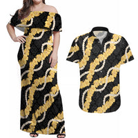 Aloha Melemele Hibiscus Pikake Lei Couples Matching Off Shoulder Maxi Dress and Hawaiian Shirt Hawaiian Quilt Pattern LT9 Black - Polynesian Pride
