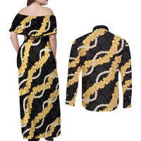 Aloha Melemele Hibiscus Pikake Lei Couples Matching Off Shoulder Maxi Dress and Long Sleeve Button Shirt Hawaiian Quilt Pattern