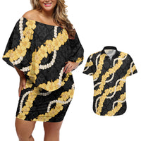 Aloha Melemele Hibiscus Pikake Lei Couples Matching Off Shoulder Short Dress and Hawaiian Shirt Hawaiian Quilt Pattern LT9 Black - Polynesian Pride