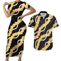 Aloha Melemele Hibiscus Pikake Lei Couples Matching Short Sleeve Bodycon Dress and Hawaiian Shirt Hawaiian Quilt Pattern LT9 Black - Polynesian Pride