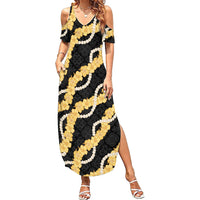 Aloha Melemele Hibiscus Pikake Lei Family Matching Summer Maxi Dress and Hawaiian Shirt Hawaiian Quilt Pattern LT9 Mom's Dress Black - Polynesian Pride