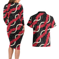 Aloha Ula'ula Hibiscus Pikake Lei Couples Matching Long Sleeve Bodycon Dress and Hawaiian Shirt Hawaiian Quilt Pattern LT9 - Polynesian Pride