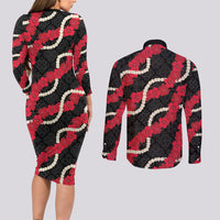 Aloha Ula'ula Hibiscus Pikake Lei Couples Matching Long Sleeve Bodycon Dress and Long Sleeve Button Shirt Hawaiian Quilt Pattern LT9 - Polynesian Pride