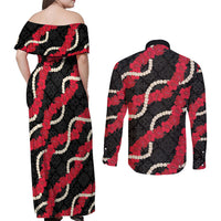 Aloha Ula'ula Hibiscus Pikake Lei Couples Matching Off Shoulder Maxi Dress and Long Sleeve Button Shirt Hawaiian Quilt Pattern