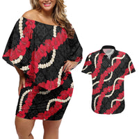 Aloha Ula'ula Hibiscus Pikake Lei Couples Matching Off Shoulder Short Dress and Hawaiian Shirt Hawaiian Quilt Pattern LT9 Black - Polynesian Pride