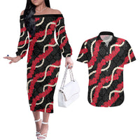 Aloha Ula'ula Hibiscus Pikake Lei Couples Matching Off The Shoulder Long Sleeve Dress and Hawaiian Shirt Hawaiian Quilt Pattern LT9 Black - Polynesian Pride