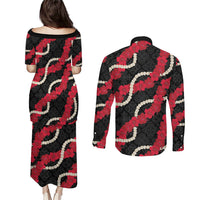 Aloha Ula'ula Hibiscus Pikake Lei Couples Matching Puletasi and Long Sleeve Button Shirt Hawaiian Quilt Pattern