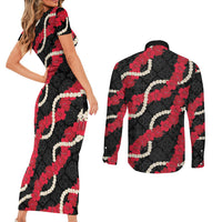 Aloha Ula'ula Hibiscus Pikake Lei Couples Matching Short Sleeve Bodycon Dress and Long Sleeve Button Shirt Hawaiian Quilt Pattern LT9 - Polynesian Pride