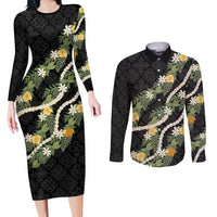 Puakenikeni Anthurium Pikake Lei Couples Matching Long Sleeve Bodycon Dress and Long Sleeve Button Shirt Hawaiian Quilt Pattern LT9 Black - Polynesian Pride