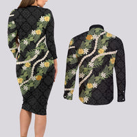 Puakenikeni Anthurium Pikake Lei Couples Matching Long Sleeve Bodycon Dress and Long Sleeve Button Shirt Hawaiian Quilt Pattern LT9 - Polynesian Pride