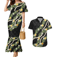 Puakenikeni Anthurium Pikake Lei Couples Matching Mermaid Dress and Hawaiian Shirt Hawaiian Quilt Pattern LT9 Black - Polynesian Pride