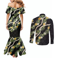 Puakenikeni Anthurium Pikake Lei Couples Matching Mermaid Dress and Long Sleeve Button Shirt Hawaiian Quilt Pattern LT9 - Polynesian Pride