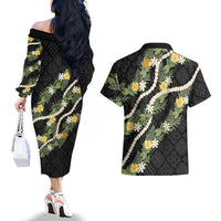 Puakenikeni Anthurium Pikake Lei Couples Matching Off The Shoulder Long Sleeve Dress and Hawaiian Shirt Hawaiian Quilt Pattern LT9 - Polynesian Pride