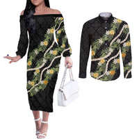 Puakenikeni Anthurium Pikake Lei Couples Matching Off The Shoulder Long Sleeve Dress and Long Sleeve Button Shirt Hawaiian Quilt Pattern LT9 Black - Polynesian Pride