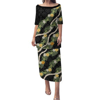 Puakenikeni Anthurium Pikake Lei Family Matching Puletasi and Hawaiian Shirt Hawaiian Quilt Pattern LT9 Mom's Dress Black - Polynesian Pride