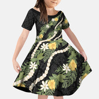 Puakenikeni Anthurium Pikake Lei Family Matching Summer Maxi Dress and Hawaiian Shirt Hawaiian Quilt Pattern LT9 Daughter's Dress Black - Polynesian Pride