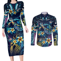 Plumeria Turtles Traditional Tribal Couples Matching Long Sleeve Bodycon Dress and Long Sleeve Button Shirt LT9 Black - Polynesian Pride