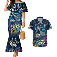 Plumeria Turtles Traditional Tribal Couples Matching Mermaid Dress and Hawaiian Shirt LT9 Black - Polynesian Pride