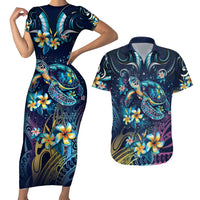 Plumeria Turtles Traditional Tribal Couples Matching Short Sleeve Bodycon Dress and Hawaiian Shirt LT9 Black - Polynesian Pride