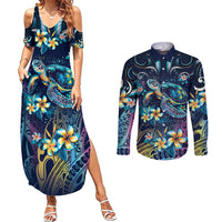 Plumeria Turtles Traditional Tribal Couples Matching Summer Maxi Dress and Long Sleeve Button Shirt LT9 Black - Polynesian Pride