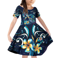 Plumeria Turtles Traditional Tribal Family Matching Off Shoulder Short Dress and Hawaiian Shirt LT9 Daughter's Dress Black - Polynesian Pride