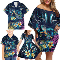 Plumeria Turtles Traditional Tribal Family Matching Off Shoulder Short Dress and Hawaiian Shirt LT9 - Polynesian Pride