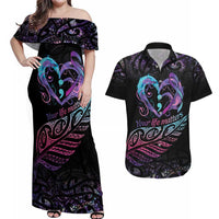 Personalised Your Life Matters Couples Matching Off Shoulder Maxi Dress and Hawaiian Shirt Suicide Prevention Awareness Semicolon Heart LT9 Black - Polynesian Pride