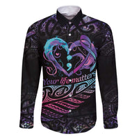 Personalised Your Life Matters Family Matching Off Shoulder Maxi Dress and Hawaiian Shirt Suicide Prevention Awareness Semicolon Heart LT9 Dad's Shirt - Long Sleeve Black - Polynesian Pride